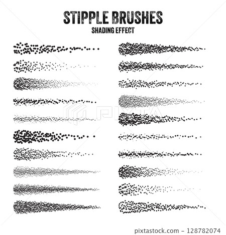 Ink scatter brush, stipple drawing and texturing. Fading gradient. Stippling, dotwork drawing, shading using dots. Halftone disintegration effect. White noise grainy texture. Vector illustration 128782074