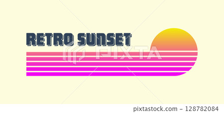Vintage colorful sunset. Various gradient striped sunrise badges in 80s and 90s style. Sun and ocean view, summer vibes, surfing. Design element for print, logo or t-shirt. Vector illustration 128782084