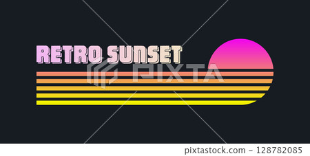 Vintage colorful sunset. Various gradient striped sunrise badges in 80s and 90s style. Sun and ocean view, summer vibes, surfing. Design element for print, logo or t-shirt. Vector illustration Vintage colorful sunset. Various gradient striped sunrise badges in 80s and 90s style. Sun and ocean view, summer vibes, surfing. Design element for print, logo or t-shirt. Vector illustration 128782085