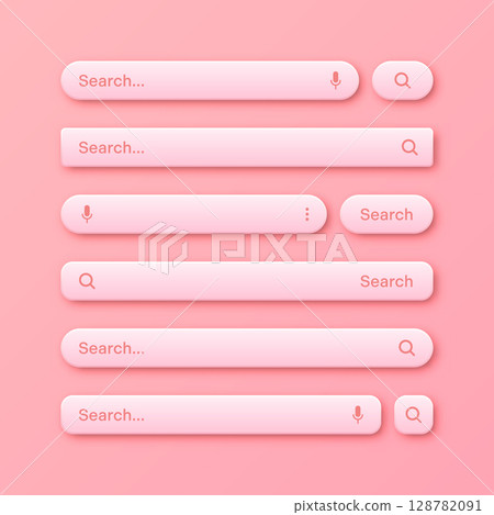 Colorful 3d search bar templates. Internet browser engine with search box, address bar and text field. UI design, website interface element with web icons and push button. Vector illustration Colorful 3d search bar templates. Internet browser engine with search box, address bar and text field. UI design, website interface element with web icons and push button. Vector illustration 128782091