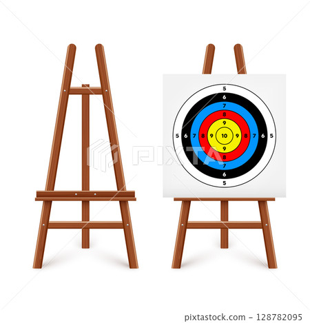Shooting range target on a wooden easel stand. Paper target with divisions, marks and numbers. Archery, gun shooting and training, sport competition, hunting. Bullseye and aim. Vector illustration Shooting range target on a wooden easel stand. Paper target with divisions, marks and numbers. Archery, gun shooting and training, sport competition, hunting. Bullseye and aim. Vector illustration 128782095