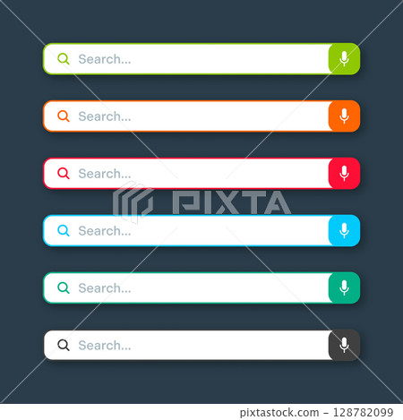 Various search bar templates. Internet browser engine with search box, address bar and text field. UI design, website interface element with web icons and push button. Vector illustration Various search bar templates. Internet browser engine with search box, address bar and text field. UI design, website interface element with web icons and push button. Vector illustration 128782099