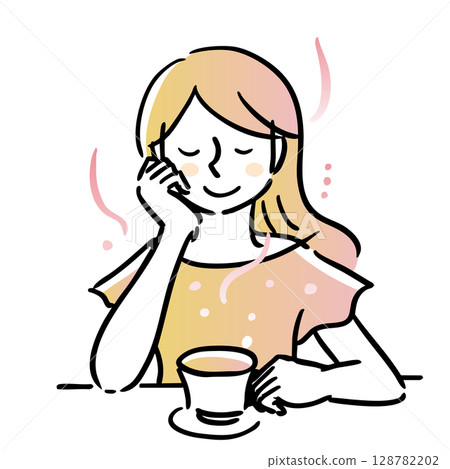 一位女士一手拿著茶杯，悠閒地品嚐茶。橙色，主線，黑色 128782202