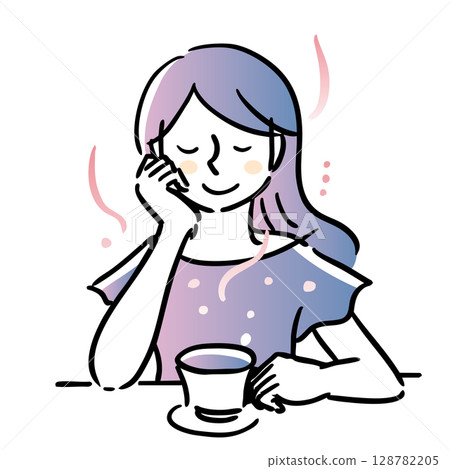 一位女士一手拿著茶杯,悠閒地品嚐茶。藍色、主線、黑色 一位女士一手拿著茶杯,悠閒地品嚐茶。藍色、主線、黑色 128782205