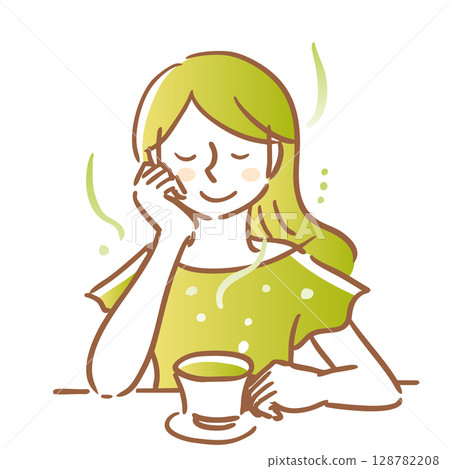 一位女士一手拿著茶杯，悠閒地品嚐茶。綠色，主線，棕色 128782208