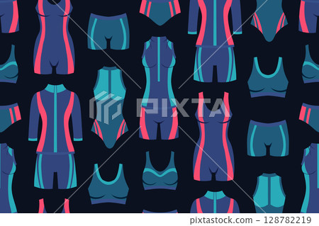 Vector seamless pattern with sports women swimsuits. Texture with sports wetsuits for pools, cycling competitions, gymnastics. Sport background Vector seamless pattern with sports women swimsuits. Texture with sports wetsuits for pools, cycling competitions, gymnastics. Sport background 128782219