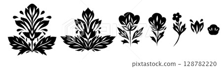 Vector set of black silhouette decorative clip arts of flowers. Collection of stylized blooms for cards and invitations. Vector set of black silhouette decorative clip arts of flowers. Collection of stylized blooms for cards and invitations. 128782220