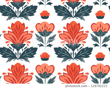Vector seamless pattern with geometric flowers in row. Texture with decorative red flowers on white background. Tracery floral backdrop 128782221