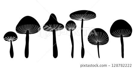 Vector set of black silhouette stylized fly agarics clip arts. Collection of print of magic amanita mushrooms 128782222