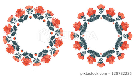 Vector set of frames with decorative flowers and copy space. Collection of circles with stylized red flowers. Floral borders 128782225