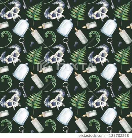 Seamless watercolor pattern with hand-drawn magical elements on a dark background. A horned skull, a glass dome, a key, lighted candles and fern leaves. Seamless template for Halloween, wallpaper 128782228