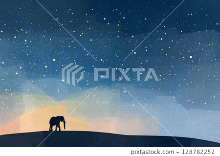 Starry sky and elephant silhouette illustration 128782252