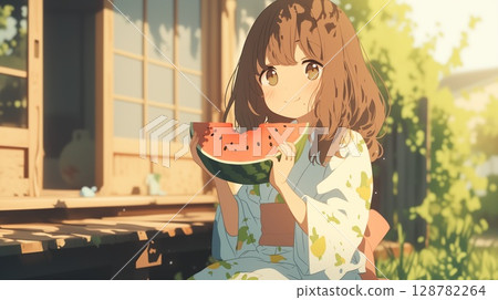動漫風格美少女吃西瓜 128782264