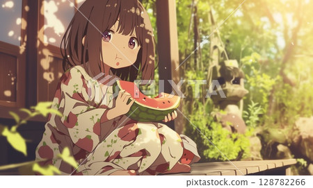 動漫風格美少女吃西瓜 128782266