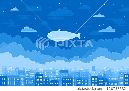 氣球和飛艇在城市天空中飛行的插圖 128782282