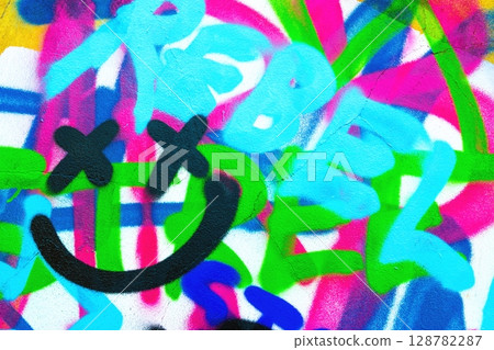 Vibrant Graffiti Art with Neon Smileys and Bold 90s Colors 128782287