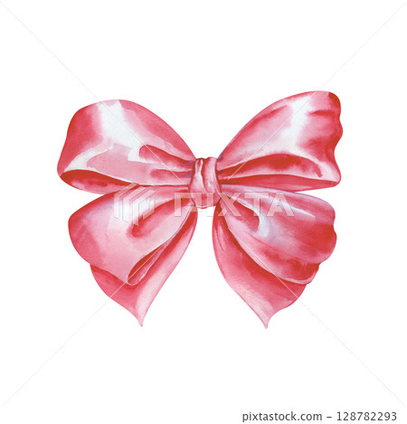 A pink hand-drawn bow. The watercolor illustration is isolated on a white background. A festive element for postcards, invitations, and greetings. 128782293