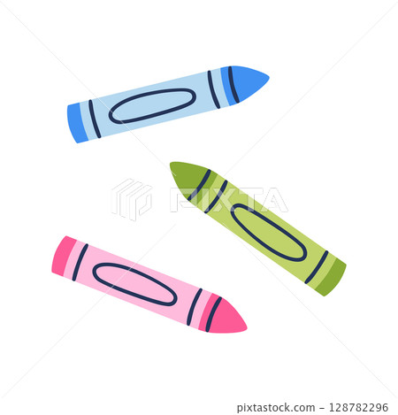 Set of three vibrant wax crayons in blue, green, and pink on white background. Hand drawn vector illustration. 128782296