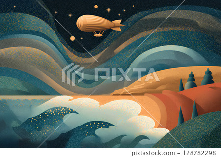 Illustration of a mysterious sea and space where an airship flies 128782298