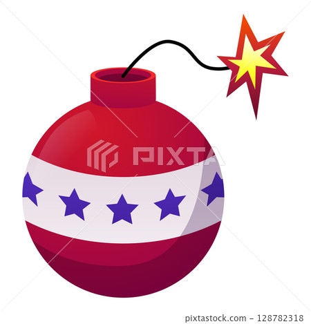 Firecracker painted with a pattern the flag of America, vector round firework bomb with burning wick, pyrotechnic tool 128782318