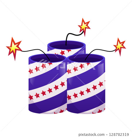 Firecracker painted with a pattern the flag of America, vector festive firework petard with a lit fuse, TNT, bomb sticks 128782319