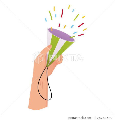 Party popper cone with confetti serpentine in hand, festive colorful firecracker launch, cartoon vector holiday surprise 128782320