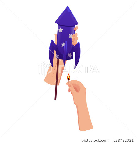 Hands light the fuse of the firework rocket petard cartoon vector icon, firecracker launch, festive pyrotechnic tool 128782321
