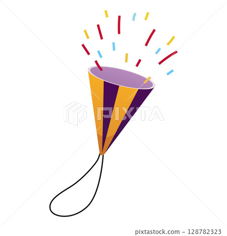 Party popper cone with confetti, serpentine, party colorful firecracker launch, cartoon vector festive holiday surprise Party popper cone with confetti, serpentine, party colorful firecracker launch, cartoon vector festive holiday surprise 128782323