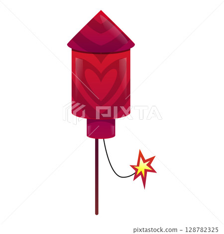 Cartoon red firecracker launch, vector firework rocket pink petard with a lit fuse, festival firework pyrotechnic tool Cartoon red firecracker launch, vector firework rocket pink petard with a lit fuse, festival firework pyrotechnic tool 128782325