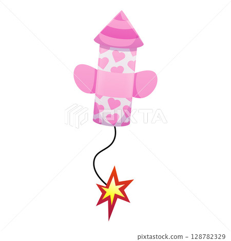 Firework rocket pink petard explosion with burning wick, vector cartoon firecracker launch, festival pyrotechnic tool Firework rocket pink petard explosion with burning wick, vector cartoon firecracker launch, festival pyrotechnic tool 128782329