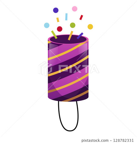 Party popper tube with confetti, serpentine, party colorful firecracker launch, cartoon vector festive holiday surprise 128782331