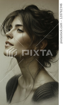 pencil sketch of a woman's head pencil sketch of a woman's head 128782346