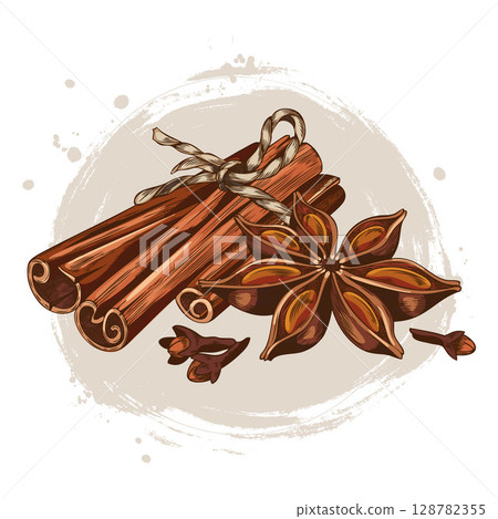Rolled sticks of cinnamon, anise and clove star seeds spices sketch vector composition, Mulled wine ingredients 128782355