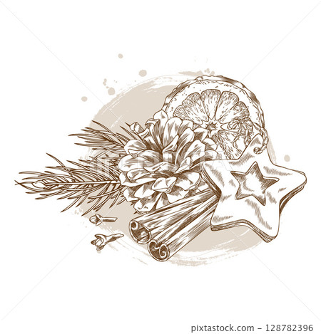 Cinnamon rolled sticks, clove star, orange slice, pine cone and branch with wooden star tag engraved sketch composition 128782396