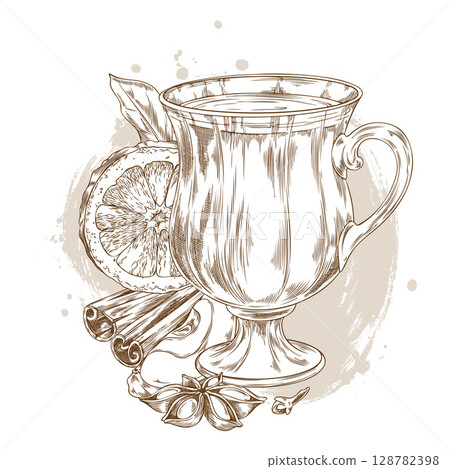 Traditional drink mulled wine with an orange slice, cinnamon, bay leaf, apple, cloves. Traditional drink mulled wine with an orange slice, cinnamon, bay leaf, apple, cloves. 128782398