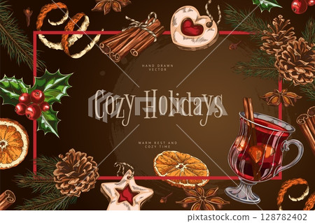 Rectangular frame poster with glass of mulled wine, cinnamon, pine cones, holly, orange. 128782402