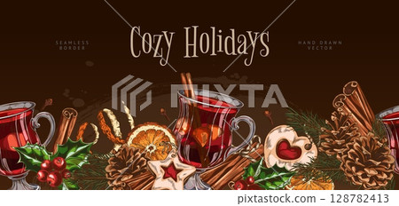 Glass of mulled wine with spices and fruits, vector seamless border sketch design, hand drawn cozy holidays drink 128782413