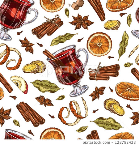 Seamless wallpaper with a glass of mulled wine with ingredients, fruits and spices. 128782428