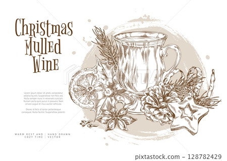 Vector monochrome sketch of banner with mulled wine, holly, anise, orange, pine cone, cookies. Vector monochrome sketch of banner with mulled wine, holly, anise, orange, pine cone, cookies. 128782429