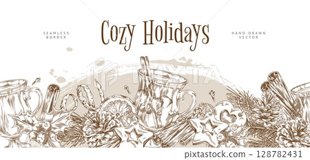Monochrome banner with seamless bottom border made of Mulled wine, pine cones, cinnamon, holly. 128782431