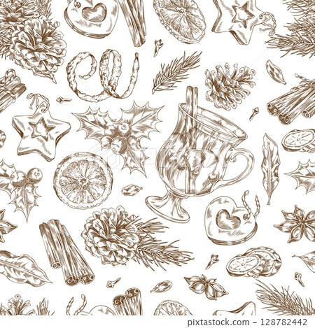 Monochrome seamless pattern with mulled wine, holly, pine cones, cinnamon, orange. Monochrome seamless pattern with mulled wine, holly, pine cones, cinnamon, orange. 128782442