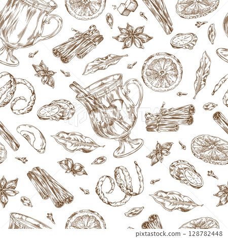 Glass of mulled wine with apple, orange, ginger, cinnamon, anise and clove, vector engraved sketch seamless pattern Glass of mulled wine with apple, orange, ginger, cinnamon, anise and clove, vector engraved sketch seamless pattern 128782448