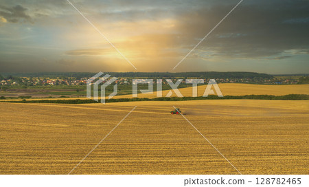 Wheat field under a dramatic sky at sunset with a tractor working in the distance 128782465