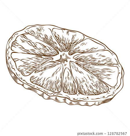 Orange, tangerine slice sketch, vector engraved hand drawn sweet ripe citrus fruit cut, organic juicy snack 128782567