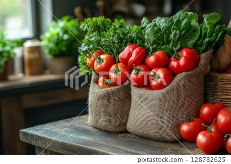 Reusable cloth shopping bags filled with fresh vegetables sit on a wooden kitchen counter 128782625