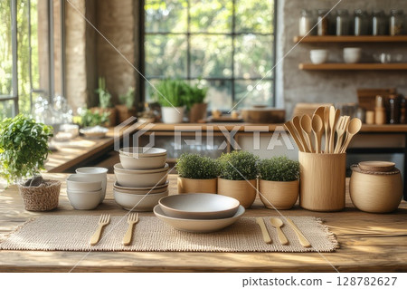 A beautifully set eco friendly kitchen table with bamboo utensils, ceramic dishes, and glass jars, natural light enhances the warm, sustainable, and minimalist interior, promoting a green and 128782627