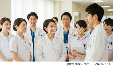 Healthcare workers: team assembly in hospital Healthcare workers: team assembly in hospital 128782641