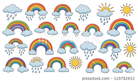 彩虹、雲和雨的可愛插圖集 128782652