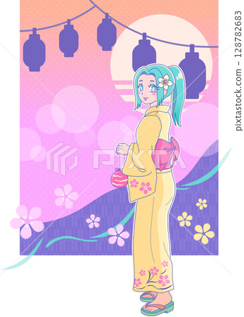 Summer festival night: A girl in a yukata turns around with a yo-yo (retro style) 1 128782683