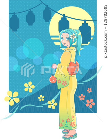 A girl in a yukata turns around and holds a yo-yo at the summer festival (retro style) 3 A girl in a yukata turns around and holds a yo-yo at the summer festival (retro style) 3 128782685